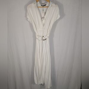 NWT Zara White Pleated Midi Dress with Deep Cross Over V-Neck Look W/Belt Size S